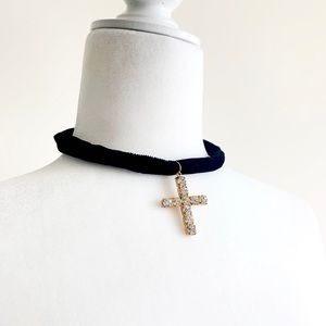 Gorgeous Velvet Cross Choker w/ gem + gold accents